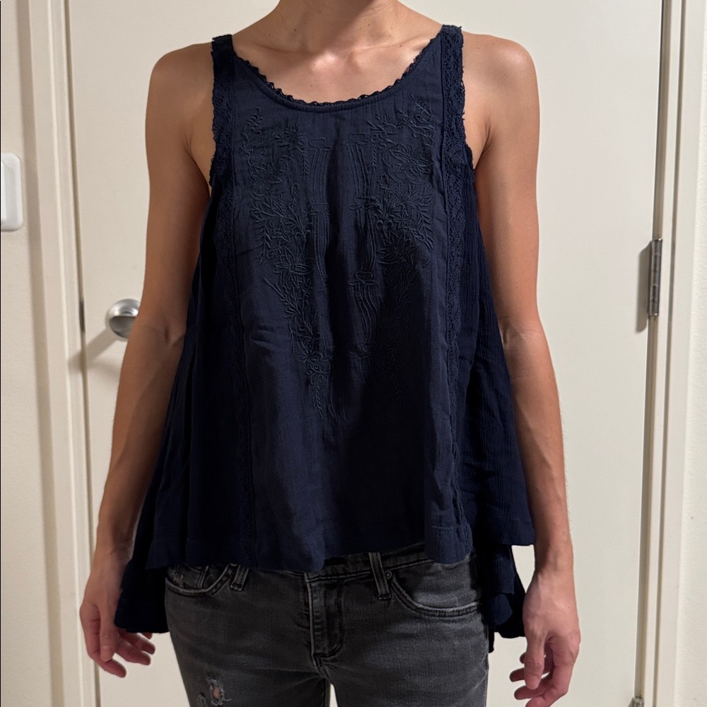 Free People Navy Flowy Asymmetrical Tank Top